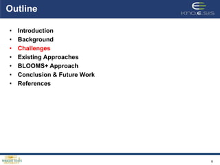 Outline

•   Introduction
•   Background
•   Challenges
•   Existing Approaches
•   BLOOMS+ Approach
•   Conclusion & Future Work
•   References




                               6
 