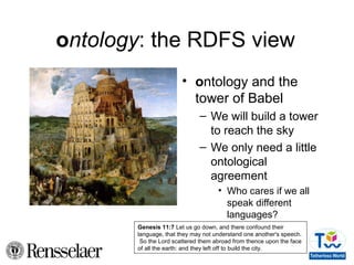 ontology: the RDFS view
• ontology and the
tower of Babel
– We will build a tower
to reach the sky
– We only need a little...