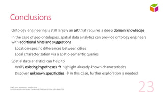 Conclusions
Ontology engineering is still largely an art that requires a deep domain knowledge
In the case of geo-ontologi...