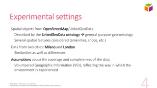 Experimental settings
Spatial objects from OpenStreetMap/LinkedGeoData
Described by the LinkedGeoData ontology  general-p...