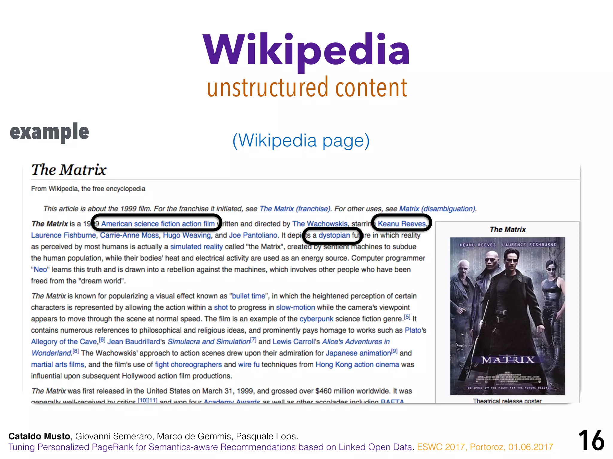 16
example (Wikipedia page)
Cataldo Musto, Giovanni Semeraro, Marco de Gemmis, Pasquale Lops.
Tuning Personalized PageRank for Semantics-aware Recommendations based on Linked Open Data. ESWC 2017, Portoroz, 01.06.2017
Wikipedia
unstructured content
 