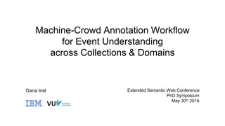 Machine-Crowd Annotation Workflow
for Event Understanding
across Collections & Domains
Oana Inel Extended Semantic Web Conference
PhD Symposium
May 30th 2016
 