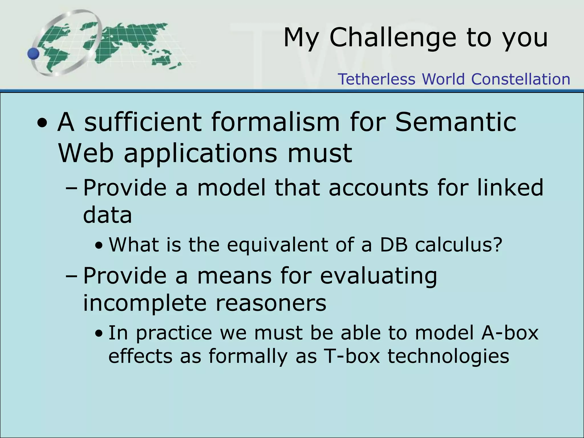 The gap is growingLinked-Data-based applications are growing in size, number and importance on the WebBut the “vocabulary” story is still unclearOntology research is turning OWL into a usable KR standard,But the linking story is still unclearNo linking without vocabulariesNo network effect without links