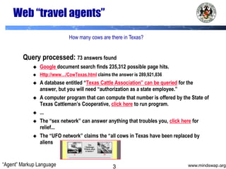 Web “travel agents”How many cows are there in Texas?Query processed: 73 answers foundGoogle document search finds 235,312 possible page hits.Http://www…/CowTexas.html claims the answer is 289,921,836A database entitled “Texas Cattle Association” can be queried for the answer, but you will need “authorization as a state employee.”A computer program that can compute that number is offered by the State of Texas Cattleman’s Cooperative, click here to run program....The “sex network” can answer anything that troubles you, click here for relief... The “UFO network” claims the “all cows in Texas have been replaced by aliens“Agent” Markup Language