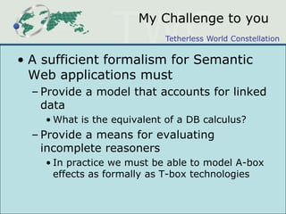The gap is growingLinked-Data-based applications are growing in size, number and importance on the WebBut the “vocabulary” story is still unclearOntology research is turning OWL into a usable KR standard,But the linking story is still unclearNo linking without vocabulariesNo network effect without links