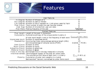 T he likelihood of post s elicit ing replies depends upon popularity, a highly subjec-
 t ive t erm inﬂuenced by ext ernal fact ors. Propert ies inﬂuencing popularity include

                                                              Features
 user at t ribut es - describing t he reput at ion of t he user - and at t ribut es of a post ’s
 cont ent - generally referred t o as cont ent feat ures. In Table 1 we deﬁne user and
 cont ent feat ures and st udy t heir inﬂuence on t he discussion “ cont inuat ion” .
                                          T abl e 1. User and Cont ent Feat ures
                                                              U ser Feat ur es
            I n D eg r ee:        N umb er of fol l ower s of U                                                             #
         O u t D eg r ee:         N umb er of user s U fol l ows                                                            #
         L i st D eg r ee:        N umb er of l i st s U app ear s on. L i st s gr ou p user s by t op i c                  #
         P o st C o u n t :       T ot al numb er of p ost s t he user has ever p ost ed                                    #
             U ser A g e:         N umb er of m i nut es fr om user j oi n dat e                                            #
                                                                                                                    P ost C ou n t
            P o st R at e:        Post i ng fr equency of t he user                                                  U s er A g e
                                                       Cont ent Feat ur es
         P o st l en g t h : L engt h of t he p ost i n char act er s                                                       #
         C o m p l ex i t y : Cumul at i ve ent r opy of t he uni que wor ds i n p ost p λ
                                                                                                             i ∈ [1, n ] p i ( l og λ − l og p i )
                                  of t ot al wor d l engt h n and pi t he fr equency of each wor d                            λ
 U p p er ca se co u n t :        N umb er of upp er case wor ds                                                      #
        R ead ab i l i t y :      G unni ng fog i ndex usi ng aver age sent ence l engt h ( A SL )                    [7]
                                  and t he p er cent age of com pl ex wor d s ( P C W ) .                    0.4( A SL + P C W )
           V er b C o u n t :     N umb er of ver bs                                                                  #
          N ou n C ou nt :        N umb er of nouns                                                                   #
  A d j ect i v e C ou n t :      N umb er of adj ect i ves                                                           #
     R ef er r al C o u n t :     N umb er of @user                                                                   #
  T i m e i n t h e d ay :        N or m al i sed t i m e i n t he day m easur ed i n m i nut es                      #
   I n f o r m at i v en ess:     T er m i nol ogi cal novel t y of t he p ost wr t ot her p ost s
                                  T he cumul at i ve t fI df val ue of each t er m t i n p ost p                   t∈p    t f i df ( t , p)
               P o l ar i t y :   Cumul at ion of p ol ar t er m weight s in p ( using
                                                                                                                       P o+ N e
                                  Sent i wor dnet 3 l ex i con) nor m al i sed by p ol ar t er m s count               | t er m s |




 4.2 Ex p er im ent s
Predicting Discussions on the Social Semantic Web                                                                                             10
 Experiment s are int ended t o t est t he performance of different classiﬁcat ion mod-
 