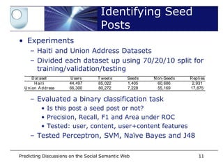 different motives which do not necessarily designat e a response t o t he initial
                                     Identifying Seed
message. T herefore, we only invest igat e explicit replies to messages. To gather
our discussions, and our seed post s, we it erat ively move up t he reply chain - i.e.,
                                     Posts
from reply t o parent post - until we reach t he seed post in t he discussion. We
deﬁne this process as dataset enrichment, and is performed by querying T wit t er’s
  • Experiments
REST API 6 using t he in reply to id of t he parent post, and moving one-st ep at
a t ime up the reply chain. T his same approach has been employed successfully
       – Haiti and Union Address Datasets
in work by [12] t o gather a large-scale conversation dat aset from T wit ter.
       – Divided each dataset up using 70/20/10 split for
         training/validation/testing s used for experiment s
             T abl e 2. St at ist ics of t he dat aset
        D at aset       U ser s    T weet s     Seeds       N on-Seeds     Repli es
          H ai t i      44,497     65,022       1,405         60,686        2,931
    U ni on A ddr ess   66,300     80,272       7,228         55,169       17,875


    TableEvaluated a binary classification task datasets. One can
       – 2 shows the statist ics that explain our collected
            • Is this post a seed post or not?
observe the difference in conversat ional tweet s between t he two corpora, where
t he Hait i dat aset cont ains fewer F1 and Areaa percent age t han t he Union
            • Precision, Recall, seed post s as under ROC
dataset, and therefore fewer replies. However, as we explain lat er a lat er sect ion,
            • Tested: user, content, user+content features
this does not correlate with a higher discussion volume in the former dat aset. We
convert t he collected dataset s from SVM, Naïve Bayesformat s int o triples,
       – Tested Perceptron, t heir propriet ary JSON and J48
annot ated using concepts from our above behaviour ont ology, this enables our
features t o be derived by querying our dat aset s using basic SPARQL queries.
 Predicting Discussions on the Social Semantic Web                             11
 