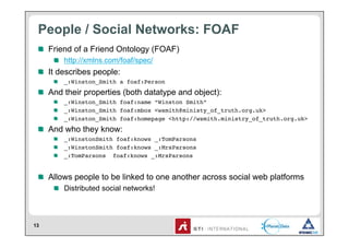 People / Social Networks: FOAF
 !   Friend of a Friend Ontology (FOAF)
     !   http://xmlns.com/foaf/spec/
 !   It describes people:
     !   _:Winston_Smith a foaf:Person!
 !   And their properties (both datatype and object):
     !   _:Winston_Smith foaf:name “Winston Smith”!
     !   _:Winston_Smith foaf:mbox <wsmith@ministy_of_truth.org.uk>!
     !   _:Winston_Smith foaf:homepage <http://wsmith.ministry_of_truth.org.uk>!
 !   And who they know:
     !   _:WinstonSmith foaf:knows _:TomParsons!
     !   _:WinstonSmith foaf:knows _:MrsParsons!
     !   _:TomParsons foaf:knows _:MrsParsons!


 !   Allows people to be linked to one another across social web platforms
     !   Distributed social networks!



13
 