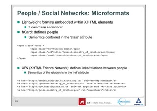 People / Social Networks: Microformats
 !   Lightweight formats embedded within XHTML elements
        !   ‘Lowercase semantics’
 !   hCard: defines people
        !   Semantics contained in the ‘class’ attribute

 <span class="vcard"> !
 !         <span class="fn">Winston Smith</span> !
 !         <span class="url">http://wsmith.ministry_of_truth.org.uk</span> !
 !         <span class="email">wsmith@ministry_of_truth.org.uk</span>!
 </span>!



 !   XFN (XHTML Friends Network): defines links/relations between people
       !   Semantics of the relation is in the ‘rel’ attribute

 <a   href="http://wsmith.ministry_of_truth.org.uk/" rel=”me”>My homepage</a> !
 <a   href="http://tparsons.ministry_of_truth.org.uk/" rel=”friend”>Tom Parsons</a> !
 <a   href="http://www.charringtons.co.uk" rel=”met acquaintance">Mr Charrington</a>!
 <a   href="http://julia.ministry_of_truth.org.uk" rel=”sweetheart">Julia</a>!




15
 