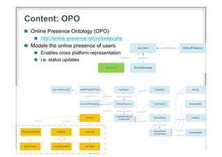 Content: OPO
 !   Online Presence Ontology (OPO)
     !   http://online-presence.net/ontology.php
 !   Models the online presence of users
     !   Enables cross platform representation
     !   i.e. status updates




19
 