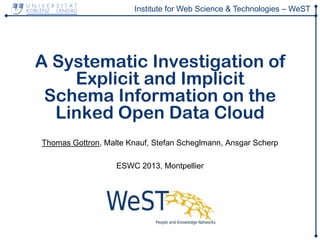 Institute for Web Science & Technologies – WeST
A Systematic Investigation of
Explicit and Implicit
Schema Information on the
Linked Open Data Cloud
Thomas Gottron, Malte Knauf, Stefan Scheglmann, Ansgar Scherp
ESWC 2013, Montpellier
 