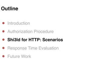 Outline!
●  Introduction"
●  Authorization Procedure"
●  Shi3ld for HTTP: Scenarios!
●  Response Time Evaluation"
●  Futur...