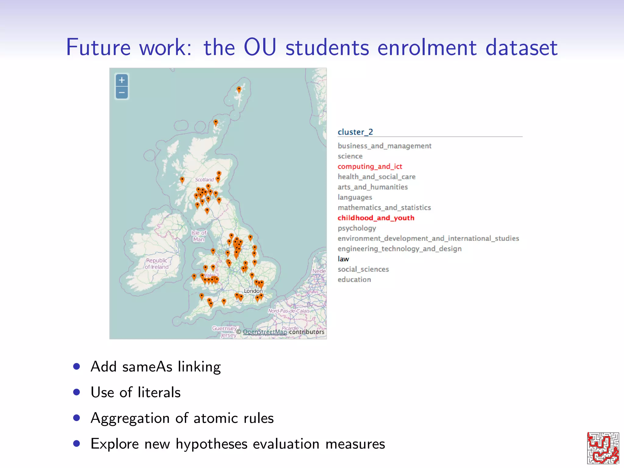 Experiments { KMi Publications 
 Papers clustered according to their keywords. 
 XK-Means clustering, jRj=865, jCj= 6 
Cycles 
Wracc 
0 2 4 6 8 10 
0.00 0.01 0.02 0.03 0.04 0.05 
Learning Analytics papers 
Len 
Fq 
D 
Ent 
C.Ent 
TFIDF 
PMI 
Cycles 
Wracc 
0 2 4 6 8 10 
0.00 0.02 0.04 0.06 0.08 0.10 
Semantic Web papers 
Len 
Fq 
D 
Ent 
C.Ent 
TFIDF 
PMI 
jCi j hi WRacc 
601 hdc:creator!ntag:isRelatedToip.hou:LearningAnalyticsiv1 0.042 
220 hdc:creator!ntag:isRelatedToip.hou:SemanticWebiv2 0.073 
 