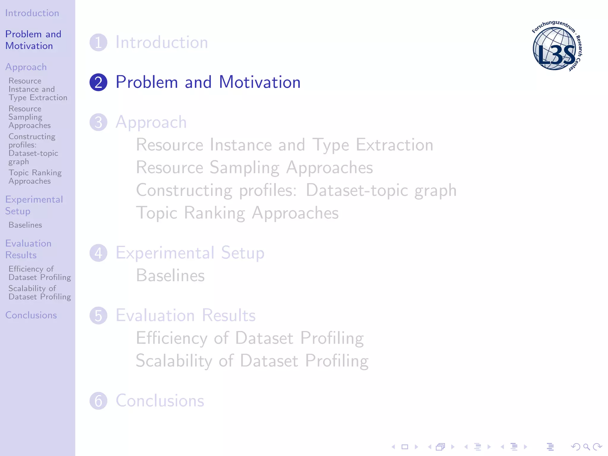 Introduction
Problem and
Motivation
Approach
Resource
Instance and
Type Extraction
Resource
Sampling
Approaches
Constructing
proﬁles:
Dataset-topic
graph
Topic Ranking
Approaches
Experimental
Setup
Baselines
Evaluation
Results
Eﬃciency of
Dataset Proﬁling
Scalability of
Dataset Proﬁling
Conclusions
1 Introduction
2 Problem and Motivation
3 Approach
Resource Instance and Type Extraction
Resource Sampling Approaches
Constructing proﬁles: Dataset-topic graph
Topic Ranking Approaches
4 Experimental Setup
Baselines
5 Evaluation Results
Eﬃciency of Dataset Proﬁling
Scalability of Dataset Proﬁling
6 Conclusions
 