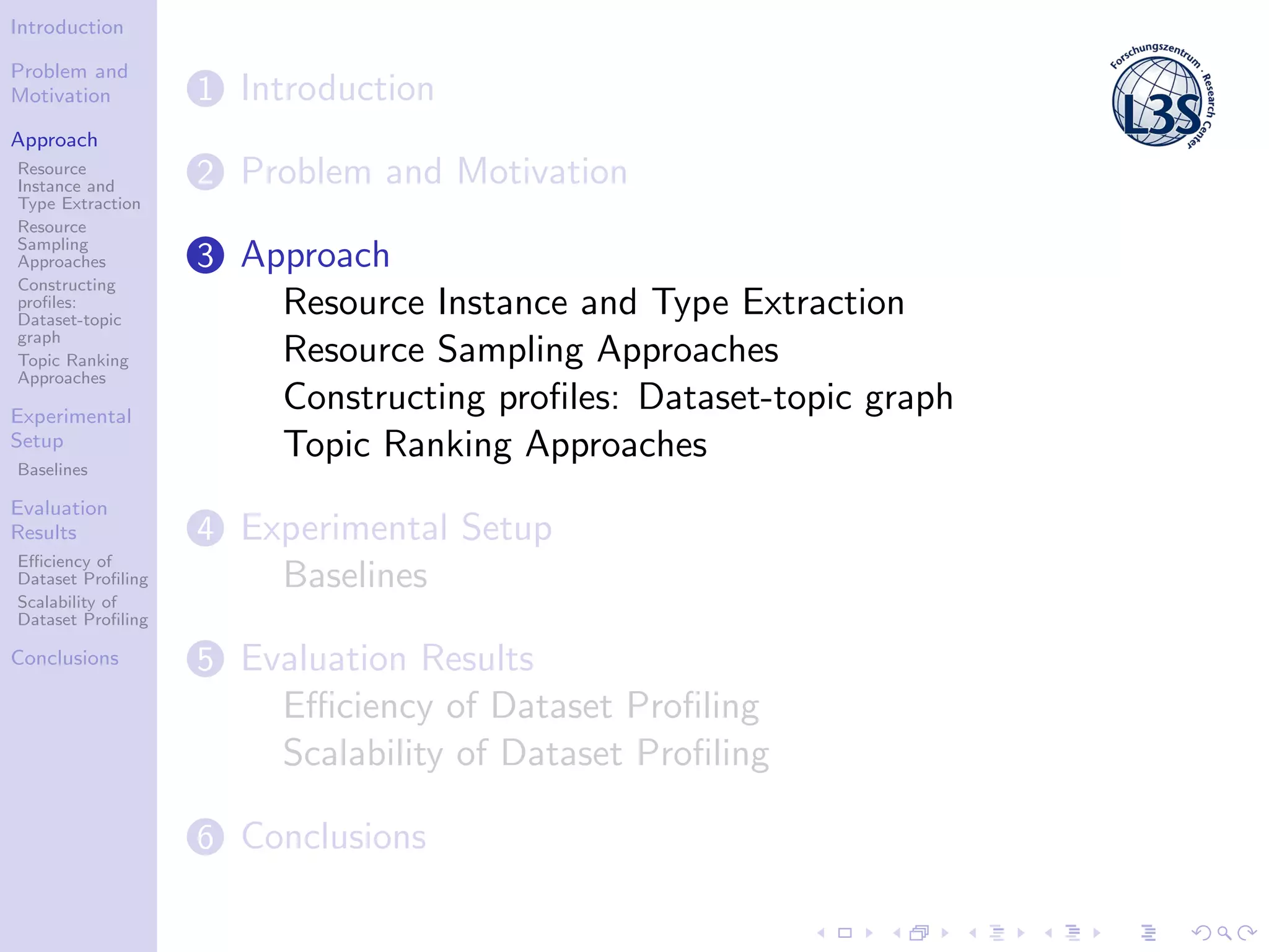 Introduction
Problem and
Motivation
Approach
Resource
Instance and
Type Extraction
Resource
Sampling
Approaches
Constructing
proﬁles:
Dataset-topic
graph
Topic Ranking
Approaches
Experimental
Setup
Baselines
Evaluation
Results
Eﬃciency of
Dataset Proﬁling
Scalability of
Dataset Proﬁling
Conclusions
1 Introduction
2 Problem and Motivation
3 Approach
Resource Instance and Type Extraction
Resource Sampling Approaches
Constructing proﬁles: Dataset-topic graph
Topic Ranking Approaches
4 Experimental Setup
Baselines
5 Evaluation Results
Eﬃciency of Dataset Proﬁling
Scalability of Dataset Proﬁling
6 Conclusions
 