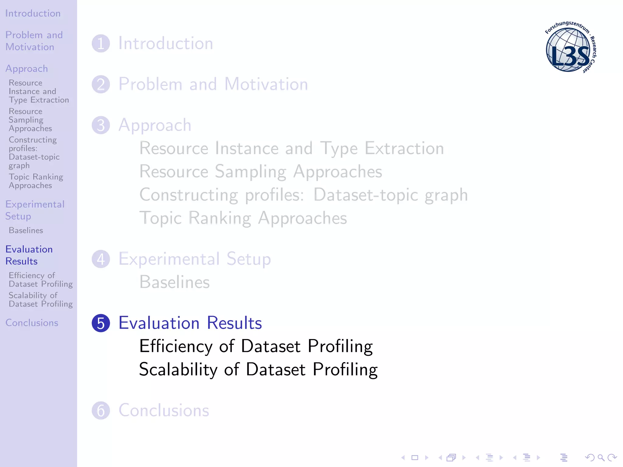 Introduction
Problem and
Motivation
Approach
Resource
Instance and
Type Extraction
Resource
Sampling
Approaches
Constructing
proﬁles:
Dataset-topic
graph
Topic Ranking
Approaches
Experimental
Setup
Baselines
Evaluation
Results
Eﬃciency of
Dataset Proﬁling
Scalability of
Dataset Proﬁling
Conclusions
1 Introduction
2 Problem and Motivation
3 Approach
Resource Instance and Type Extraction
Resource Sampling Approaches
Constructing proﬁles: Dataset-topic graph
Topic Ranking Approaches
4 Experimental Setup
Baselines
5 Evaluation Results
Eﬃciency of Dataset Proﬁling
Scalability of Dataset Proﬁling
6 Conclusions
 