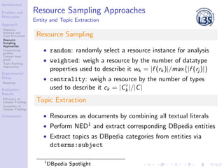 Introduction
Problem and
Motivation
Approach
Resource
Instance and
Type Extraction
Resource
Sampling
Approaches
Constructi...
