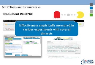 NER Tools and Frameworks
Different features (background
knowledge, algorithms, customization,
etc.)
Effectiveness empirica...