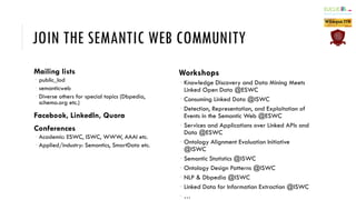 JOIN THE SEMANTIC WEB COMMUNITY
Mailing lists
 public_lod
 semanticweb
 Diverse others for special topics (Dbpedia,
sch...
