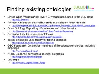 Finding existing ontologies
• Linked Open Vocabularies: over 400 vocabularies, used in the LOD cloud
– http://lov.okfn.org...