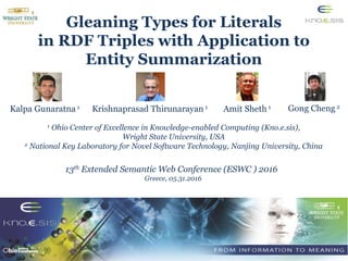 Gleaning Types for Literals
in RDF Triples with Application to
Entity Summarization
1 Ohio Center of Excellence in Knowledge-enabled Computing (Kno.e.sis),
Wright State University, USA
2 National Key Laboratory for Novel Software Technology, Nanjing University, China
13th Extended Semantic Web Conference (ESWC ) 2016
Greece, 05.31.2016
Kalpa Gunaratna 1 Krishnaprasad Thirunarayan 1 Amit Sheth 1 Gong Cheng 2
 