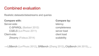 Combined evaluation
Realistic datasets/datastreams and queries
Compare with:
Server-side:
C-SPARQL (Barbieri 2012)
CQELS (...