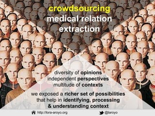 Web & Media Group
http://lora-aroyo.org @laroyo
crowdsourcing
medical relation
extraction
diversity of opinions
independen...