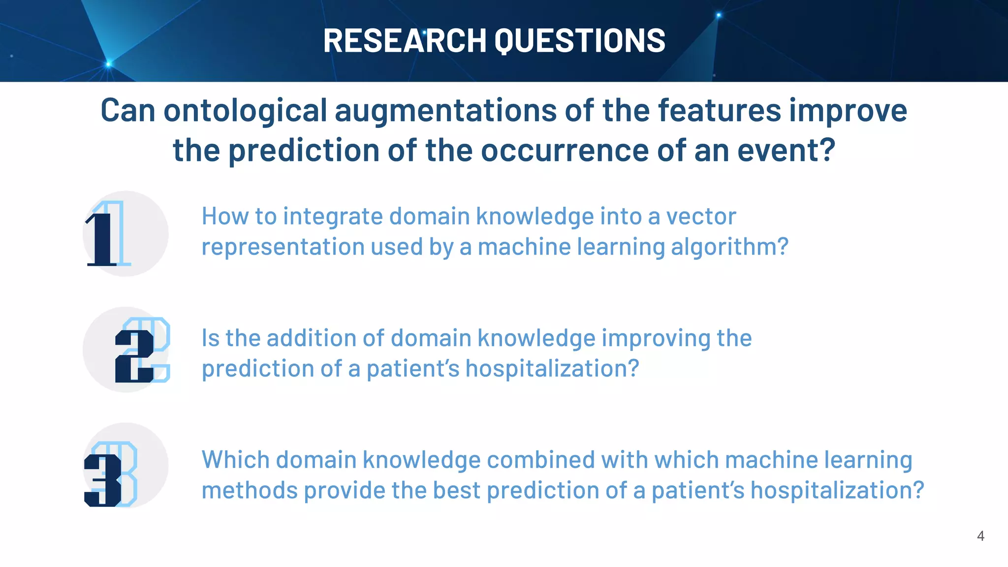 RESEARCH QUESTIONS
Can ontological augmentations of the features improve
the prediction of the occurrence of an event?
4
How to integrate domain knowledge into a vector
representation used by a machine learning algorithm?
Is the addition of domain knowledge improving the
prediction of a patient’s hospitalization?
Which domain knowledge combined with which machine learning
methods provide the best prediction of a patient’s hospitalization?
11
22
33
 