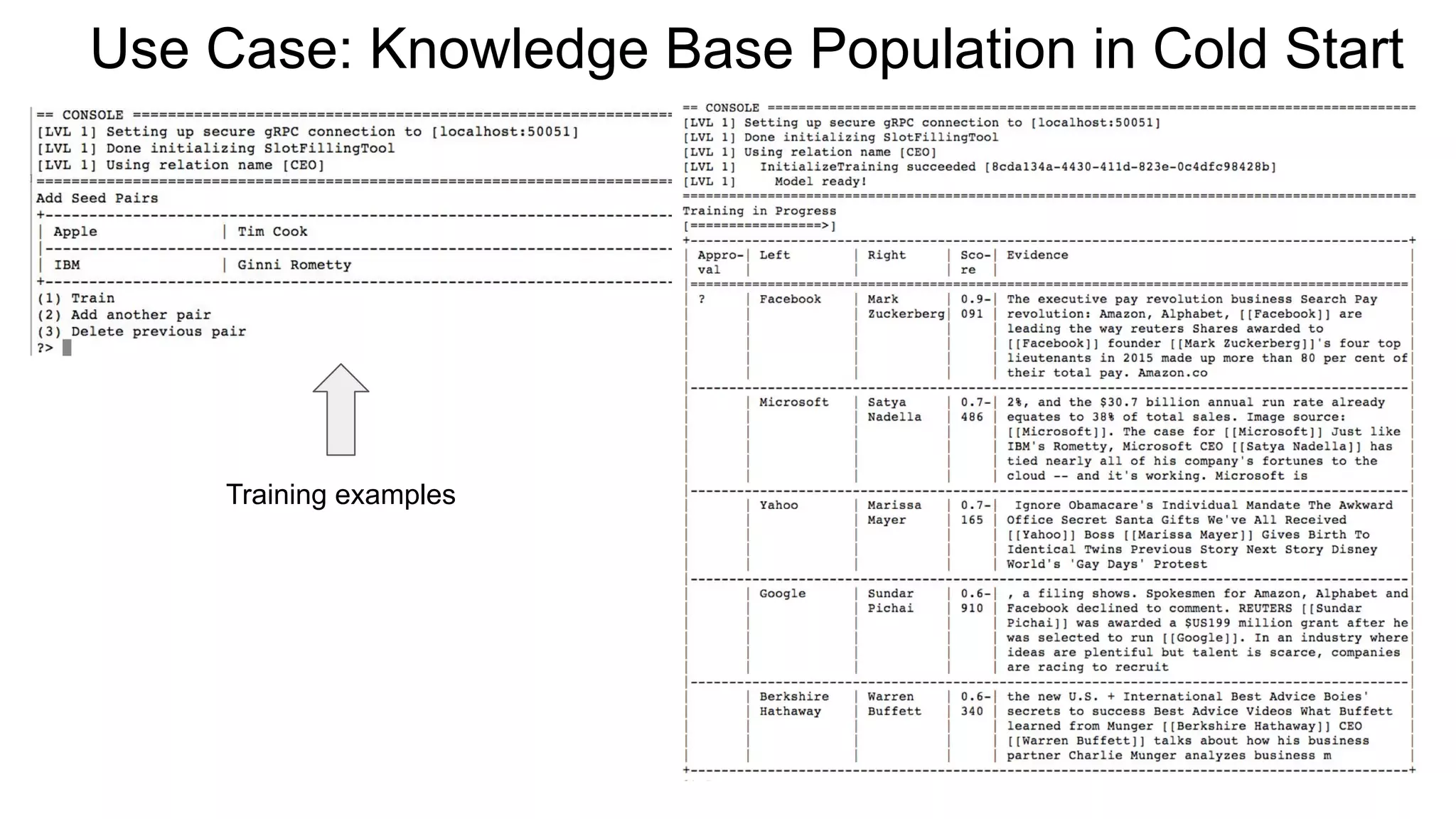 Use Case: Knowledge Base Population in Cold Start
Training examples
 