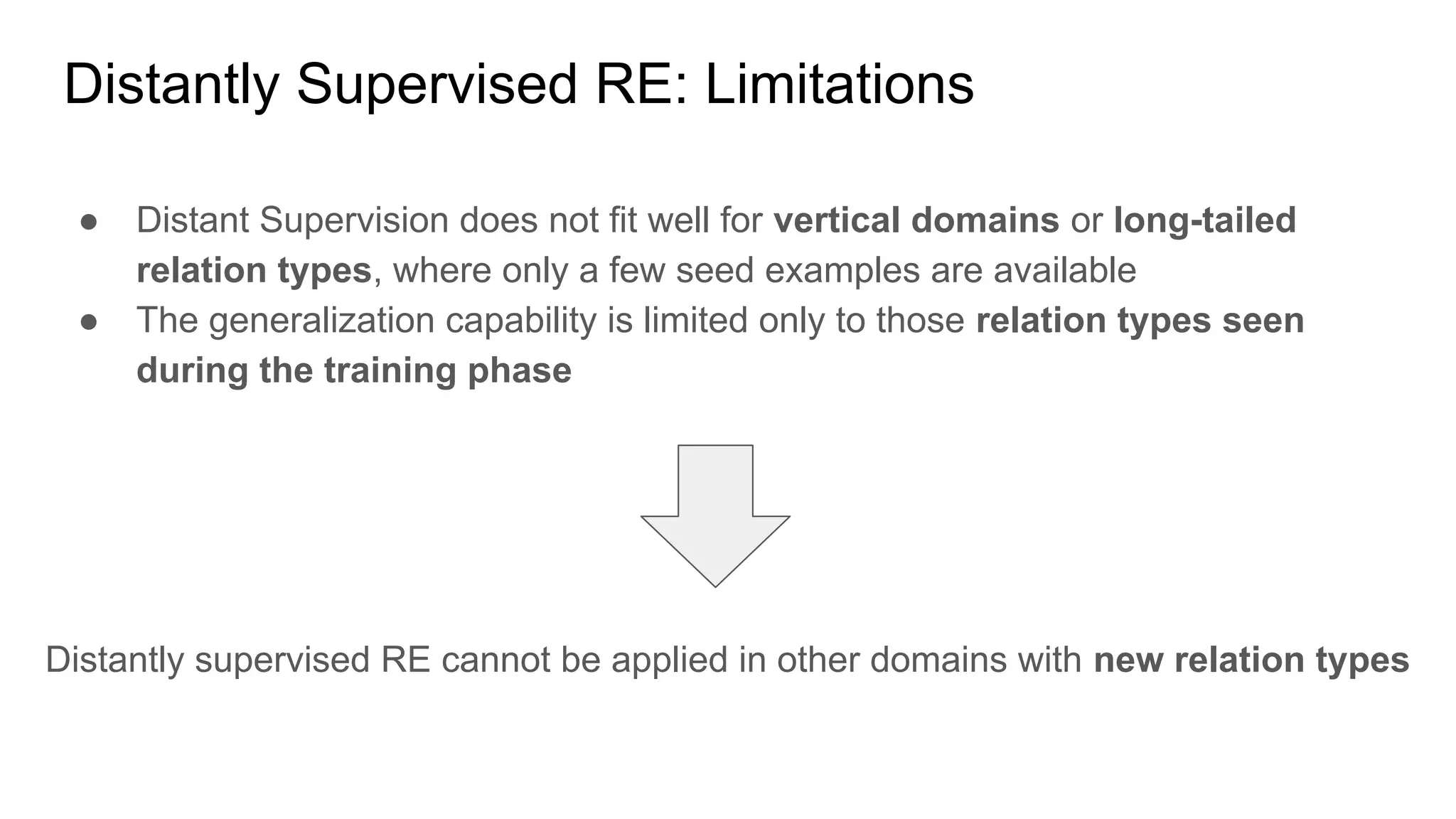 Distantly Supervised RE: Limitations
● Distant Supervision does not fit well for vertical domains or long-tailed
relation types, where only a few seed examples are available
● The generalization capability is limited only to those relation types seen
during the training phase
Distantly supervised RE cannot be applied in other domains with new relation types
 