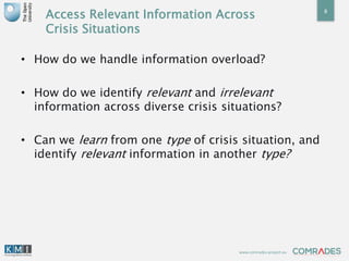 www.comrades-project.eu
Access Relevant Information Across
Crisis Situations
8
• How do we handle information overload?
• ...