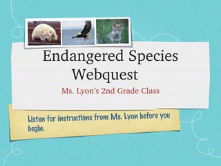 Endangered Species Webquest ,[object Object],Listen for instructions from Ms. Lyon before you begin. 