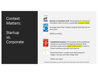 Context
Matters:
Startup
vs.
Corporate
Startup or Innovation Hub: The purpose of a startup (or
innovation hub) is to find a sustainable business model.
No single North Star. Instead, set goals that help you on
each pivot.
(MVPs can help!)
Established Company: The purpose of the established
company is to ensure the ongoing relevance of its
business model and to adapt continuously in order to
ensure continuous growth and revenue.
North Star-driven; usually more fixed long-term
targets…but you can help change that!
(MVPs can help!)
*The books portrayed above are my top-pick desert island reads relative to each relevant environment.
 