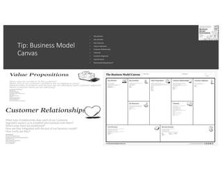 Tip: Business Model
Canvas
• Key partners
• Key activities
• Key resources
• Value Proposition
• Customer Relationship
• Channels
• Customer Segments
• Cost Structure
• Revenue/funding Streams*
 