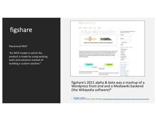 figshare
Piecemeal MVP
“An MVP model in which the
product is made by using existing
tools and solutions instead of
building a custom solution.”
figshare’s 2011 alpha & beta was a mashup of a
Wordpress front end and a Mediawiki backend
(the Wikipedia software)*
• Mark Hahnel Phill Jones
• The Difference Between a MVP and a Prototype. Andrej Gajdos. https://andrejgajdos.com/the-difference-between-an-minimum-viable-product-mvp-and-a-prototype/
 