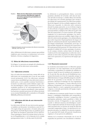 La definición es principalmente clínica: secreción
purulenta alrededor de la herida o del sitio de inser-
ción del tubo de drenaje o celulitis difusa de la herida.
Las infecciones de la herida quirúrgica (por encima o
por debajo de la aponeurosis) y las infecciones profun-
das de los órganos o de las cavidades orgánicas se iden-
tifican por separado. La infección suele contraerse
durante la propia operación, ya sea en forma exógena
(es decir, del aire, el equipo médico, los cirujanos y otro
personal médico), endógena (de la flora de la piel o del
sitio de la operación) o, en raras ocasiones, de la sangre
empleada en la intervención quirúrgica. Los micro-
organismos infecciosos son variables, según el tipo y el
sitio de la intervención quirúrgica, y los antimicrobianos
que recibe el paciente. El principal factor de riesgo es el
grado de contaminación durante el procedimiento (lim-
pio, limpio-contaminado, contaminado, sucio) que, en
gran medida, depende de la duración de la operación y
del estado general del paciente (25). Otros factores com-
prenden la calidad de la técnica quirúrgica, la presen-
cia de cuerpos extraños, incluso tubos de drenaje, la
virulencia de los microorganismos, la infección conco-
mitante en otros sitios, la práctica de afeitar al paciente
antes de la operación y la experiencia del equipo qui-
rúrgico.
1.2.3 Neumonía nosocomial
La neumonía nosocomial ocurre en diferentes grupos
de pacientes. Los más importantes son los pacientes
conectados a respiradores en unidades de cuidados in-
tensivos, donde la tasa de incidencia de neumonía es
de 3% por día. Hay una alta tasa de letalidad por neu-
monía relacionada con el uso de respirador, aunque es
difícil determinar el riesgo atribuible porque la comorbi-
lidad de los pacientes es tan elevada. Los microor-
ganismos colonizan el estómago, las vías respiratorias
superiores y los bronquios y causan infección de los
pulmones (neumonía): con frecuencia son endógenos
(aparato digestivo o nariz y garganta), pero pueden ser
exógenos, a menudo provenientes del equipo respira-
torio contaminado.
La definición de neumonía puede basarse en criterios
clínicos y radiológicos disponibles pero inespecíficos:
opacidades radiológicas recientes y progresivas del
parénquima pulmonar, esputo purulento y fiebre de
iniciación reciente. El diagnóstico es más específico
cuando se obtienen muestras microbiológicas cuanti-
tativas empleando métodos de broncoscopia especiali-
zada con protección. Los factores de riesgo de infección
conocidos comprenden el tipo y la duración de la res-
piración mecánica, la calidad de la atención respirato-
ria, la gravedad del estado del paciente (insuficiencia
orgánica) y el uso previo de antibióticos.
Además de la neumonía relacionada con el uso de
respirador, los pacientes con convulsiones o disminu-
CAPÍTULO I. EPIDEMIOLOGÍA DE LAS INFECCIONES NOSOCOMIALES
FIGURA 1. Sitios de las infecciones nosocomiales
más comunes: distribución según la
encuesta nacional de prevalencia en
Francia (1996)*
* Adaptada de Enquête nationale de prévalence des infections nosocomiales,
1996. BEH, 1997, 36:161–163.
Vías urinarias U
Vías respiratorias
inferiores R1Sitio de una
intervención quirúrgica S
Piel y tejidos
blandos SST
Vías respiratorias
(otras) R2
Bacteriemia B
Oídos, nariz,
garganta/ojo E/E
Sitio de inserción
de un catéter C
Otros
sitios O
U
RI
S
SST
R2
B
E/E
O
C
ofrece definiciones de infecciones comunes que podrían
emplearse para encuestas en instituciones con acceso
limitado a técnicas complejas de diagnóstico.
1.2 Sitios de infecciones nosocomiales
En la figura 1 se presenta un ejemplo de la distribución
de los sitios de las infecciones nosocomiales.
1.2.1 Infecciones urinarias
Esta es la infección nosocomial más común; 80% de las
infecciones son ocasionadas por el uso de una sonda
vesical permanente (1,2,3). Las infecciones urinarias
causan menos morbilidad que otras infecciones nosoco-
miales pero, a veces, pueden ocasionar bacteriemia y
la muerte. Las infecciones suelen definirse según crite-
rios microbiológicos: cultivo cuantitativo de orina con
resultados positivos (≥ 105
microorganismos/ml, con
aislamiento de 2 especies microbianas, como máximo).
Las bacterias causantes provienen de la flora intestinal,
ya sea normal (Escherichia coli) o contraída en el hospital
(Klebsiella polifarmacorresistente).
1.2.2 Infecciones del sitio de una intervención
quirúrgica
Las infecciones del sitio de una intervención quirúrgi-
ca también son frecuentes: la incidencia varía de 0,5 a
15% según el tipo de operación y el estado subyacente
del paciente (18,19,20). Representan un problema grave
que limita los beneficios potenciales de las interven-
ciones quirúrgicas. Tienen un enorme efecto en los cos-
tos de hospitalización y en la duración de la estadía
postoperatoria (entre 3 y 20 días más) (21,22,23,24).
5
 