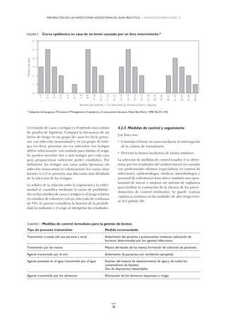 PREVENCIÓN DE LAS INFECCIONES NOSOCOMIALES: GUÍA PRÁCTICA — WHO/CDS/CSR/EPH/2002.12
28
Un estudio de casos y testigos es el método más común
de prueba de hipótesis. Compara la frecuencia de un
factor de riesgo en un grupo de casos (es decir, perso-
nas con infección nosocomial) y en un grupo de testi-
gos (es decir, personas sin esa infección). Los testigos
deben seleccionarse con cuidado para limitar el sesgo.
Se pueden necesitar dos o más testigos por cada caso
para proporcionar suficiente poder estadístico. Por
definición, los testigos son casos nulos (personas sin
infección nosocomial ni colonización). En varias otras
fuentes (1,2,3) se presenta una discusión más detallada
de la selección de los testigos.
La solidez de la relación entre la exposición y la enfer-
medad se cuantifica mediante la razón de posibilida-
des en los estudios de casos y testigos (o el riesgo relativo
en estudios de cohortes), con un intervalo de confianza
de 95%. Es preciso considerar la función de la posibili-
dad, la confusión y el sesgo al interpretar los resultados.
FIGURA 3. Curva epidémica en caso de un brote causado por un foco intermitente.*
* Adaptada de Astagneau P, Duneton P. Management of epidemics of nosocomial infections. Pathol Biol (París) 1998, 46:272–278.
1–2
Semanas (por ejemplo, 1–2:3 casos entre las semanas primera y segunda)
0
2
4
3
5
6
Númerodecasos
1
2–3
3–4
4–5
5–6
6–7
7–8
8–9
9–10
10–11
11–12
12–13
13–14
14–15
15–16
16–17
17–18
18–19
19–20
20–21
21–22
22–23
23–24
24–25
CUADRO 1. Medidas de control inmediato para la gestión de brotes
Tipo de presunta transmisión Medida recomendada
Transmisión cruzada (de una persona a otra) Aislamiento del paciente y precauciones mediante colocación de
barreras, determinadas por los agentes infecciosos
Transmisión por las manos Mejora del lavado de las manos; formación de cohortes de pacientes
Agente transmitido por el aire Aislamiento de pacientes con ventilación apropiada
Agente presente en el agua, transmitido por el agua Examen del sistema de abastecimiento de agua y de todos los
contenedores de líquidos
Uso de dispositivos desechables
Agente transmitido por los alimentos Eliminación de los alimentos expuestos a riesgo
4.2.5 Medidas de control y seguimiento
Los fines son:
• Controlar el brote en curso mediante la interrupción
de la cadena de transmisión.
• Prevenir la futura incidencia de brotes similares.
La selección de medidas de control (cuadro 1) se deter-
mina por los resultados del análisis inicial en consulta
con profesionales idóneos (especialistas en control de
infecciones, epidemiólogos, médicos, microbiólogos y
personal de enfermería). Esto ofrece también una opor-
tunidad de iniciar o mejorar un sistema de vigilancia
para facilitar la evaluación de la eficacia de los proce-
dimientos de control instituidos. Se puede realizar
vigilancia continua en las unidades de alto riesgo (véa-
se el Capítulo III).
 