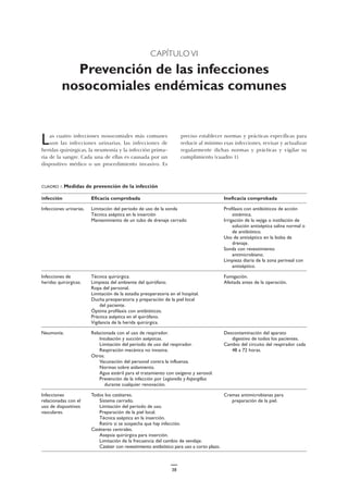 CAPÍTULO VI
Prevención de las infecciones
nosocomiales endémicas comunes
Las cuatro infecciones nosocomiales más comunes
son las infecciones urinarias, las infecciones de
heridas quirúrgicas, la neumonía y la infección prima-
ria de la sangre. Cada una de ellas es causada por un
dispositivo médico o un procedimiento invasivo. Es
CUADRO 1. Medidas de prevención de la infección
Infección Eficacia comprobada Ineficacia comprobada
Infecciones urinarias. Limitación del período de uso de la sonda Profilaxis con antibióticos de acción
Técnica aséptica en la inserción sistémica.
Mantenimiento de un tubo de drenaje cerrado Irrigación de la vejiga o instilación de
solución antiséptica salina normal o
de antibiótico.
Uso de antiséptico en la bolsa de
drenaje.
Sonda con revestimiento
antimicrobiano.
Limpieza diaria de la zona perineal con
antiséptico.
Infecciones de Técnica quirúrgica. Fumigación.
heridas quirúrgicas. Limpieza del ambiente del quirófano. Afeitada antes de la operación.
Ropa del personal.
Limitación de la estadía preoperatoria en el hospital.
Ducha preoperatoria y preparación de la piel local
del paciente.
Óptima profilaxis con antibióticos.
Práctica aséptica en el quirófano.
Vigilancia de la herida quirúrgica.
Neumonía. Relacionada con el uso de respirador. Descontaminación del aparato
Intubación y succión asépticas. digestivo de todos los pacientes.
Limitación del período de uso del respirador. Cambio del circuito del respirador cada
Respiración mecánica no invasiva. 48 a 72 horas.
Otros.
Vacunación del personal contra la influenza.
Normas sobre aislamiento.
Agua estéril para el tratamiento con oxígeno y aerosol.
Prevención de la infección por Legionella y Aspergillus
durante cualquier renovación.
Infecciones Todos los catéteres. Cremas antimicrobianas para
relacionadas con el Sistema cerrado. preparación de la piel.
uso de dispositivos Limitación del período de uso.
vasculares. Preparación de la piel local.
Técnica aséptica en la inserción.
Retiro si se sospecha que hay infección.
Catéteres centrales.
Asepsia quirúrgica para inserción.
Limitación de la frecuencia del cambio de vendaje.
Catéter con revestimiento antibiótico para uso a corto plazo.
preciso establecer normas y prácticas específicas para
reducir al mínimo esas infecciones, revisar y actualizar
regularmente dichas normas y prácticas y vigilar su
cumplimiento (cuadro 1).
38
 