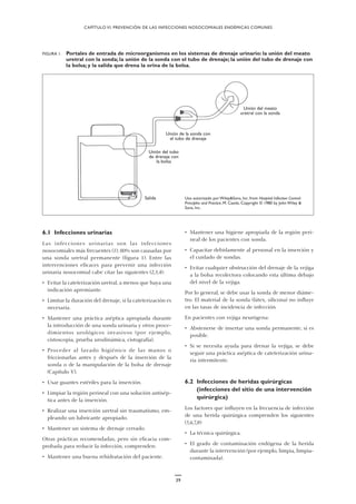 6.1 Infecciones urinarias
Las infecciones urinarias son las infecciones
nosocomiales más frecuentes (1); 80% son causadas por
una sonda uretral permanente (figura 1). Entre las
intervenciones eficaces para prevenir una infección
urinaria nosocomial cabe citar las siguientes (2,3,4):
• Evitar la cateterización uretral, a menos que haya una
indicación apremiante.
• Limitar la duración del drenaje, si la cateterización es
necesaria.
• Mantener una práctica aséptica apropiada durante
la introducción de una sonda urinaria y otros proce-
dimientos urológicos invasivos (por ejemplo,
cistoscopia, prueba urodinámica, cistografía).
• Proceder al lavado higiénico de las manos o
friccionarlas antes y después de la inserción de la
sonda o de la manipulación de la bolsa de drenaje
(Capítulo V).
• Usar guantes estériles para la inserción.
• Limpiar la región perineal con una solución antisép-
tica antes de la inserción.
• Realizar una inserción uretral sin traumatismo, em-
pleando un lubricante apropiado.
• Mantener un sistema de drenaje cerrado.
Otras prácticas recomendadas, pero sin eficacia com-
probada para reducir la infección, comprenden:
• Mantener una buena rehidratación del paciente.
CAPÍTULO VI. PREVENCIÓN DE LAS INFECCIONES NOSOCOMIALES ENDÉMICAS COMUNES
FIGURA 1. Portales de entrada de microorganismos en los sistemas de drenaje urinario: la unión del meato
uretral con la sonda; la unión de la sonda con el tubo de drenaje; la unión del tubo de drenaje con
la bolsa; y la salida que drena la orina de la bolsa.
Uso autorizado por Wiley&Sons, Inc. from Hospital Infection Control:
Principles and Practice, M. Castle, Copyright © 1980 by John Wiley &
Sons, Inc.
Unión del meato
uretral con la sonda
Unión de la sonda con
el tubo de drenaje
Unión del tubo
de drenaje con
la bolsa
Salida
• Mantener una higiene apropiada de la región peri-
neal de los pacientes con sonda.
• Capacitar debidamente al personal en la inserción y
el cuidado de sondas.
• Evitar cualquier obstrucción del drenaje de la vejiga
a la bolsa recolectora colocando esta última debajo
del nivel de la vejiga.
Por lo general, se debe usar la sonda de menor diáme-
tro. El material de la sonda (látex, silicona) no influye
en las tasas de incidencia de infección.
En pacientes con vejiga neurógena:
• Abstenerse de insertar una sonda permanente, si es
posible.
• Si se necesita ayuda para drenar la vejiga, se debe
seguir una práctica aséptica de cateterización urina-
ria intermitente.
6.2 Infecciones de heridas quirúrgicas
(infecciones del sitio de una intervención
quirúrgica)
Los factores que influyen en la frecuencia de infección
de una herida quirúrgica comprenden los siguientes
(5,6,7,8):
• La técnica quirúrgica.
• El grado de contaminación endógena de la herida
durante la intervención (por ejemplo, limpia, limpia-
contaminada).
39
 