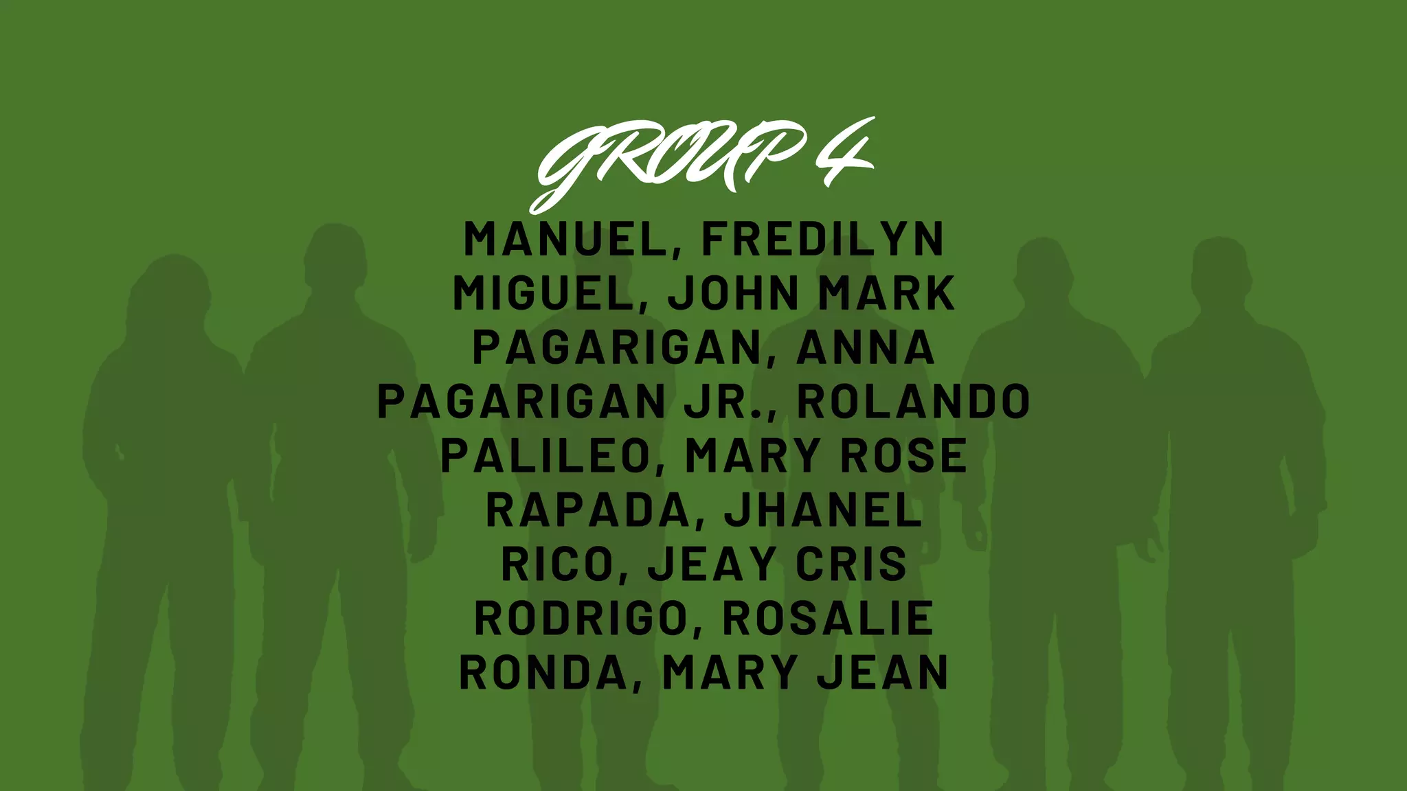 MANUEL, FREDILYN
MIGUEL, JOHN MARK
PAGARIGAN, ANNA
PAGARIGAN JR., ROLANDO
PALILEO, MARY ROSE
RAPADA, JHANEL
RICO, JEAY CRIS
RODRIGO, ROSALIE
RONDA, MARY JEAN
GROUP 4
 