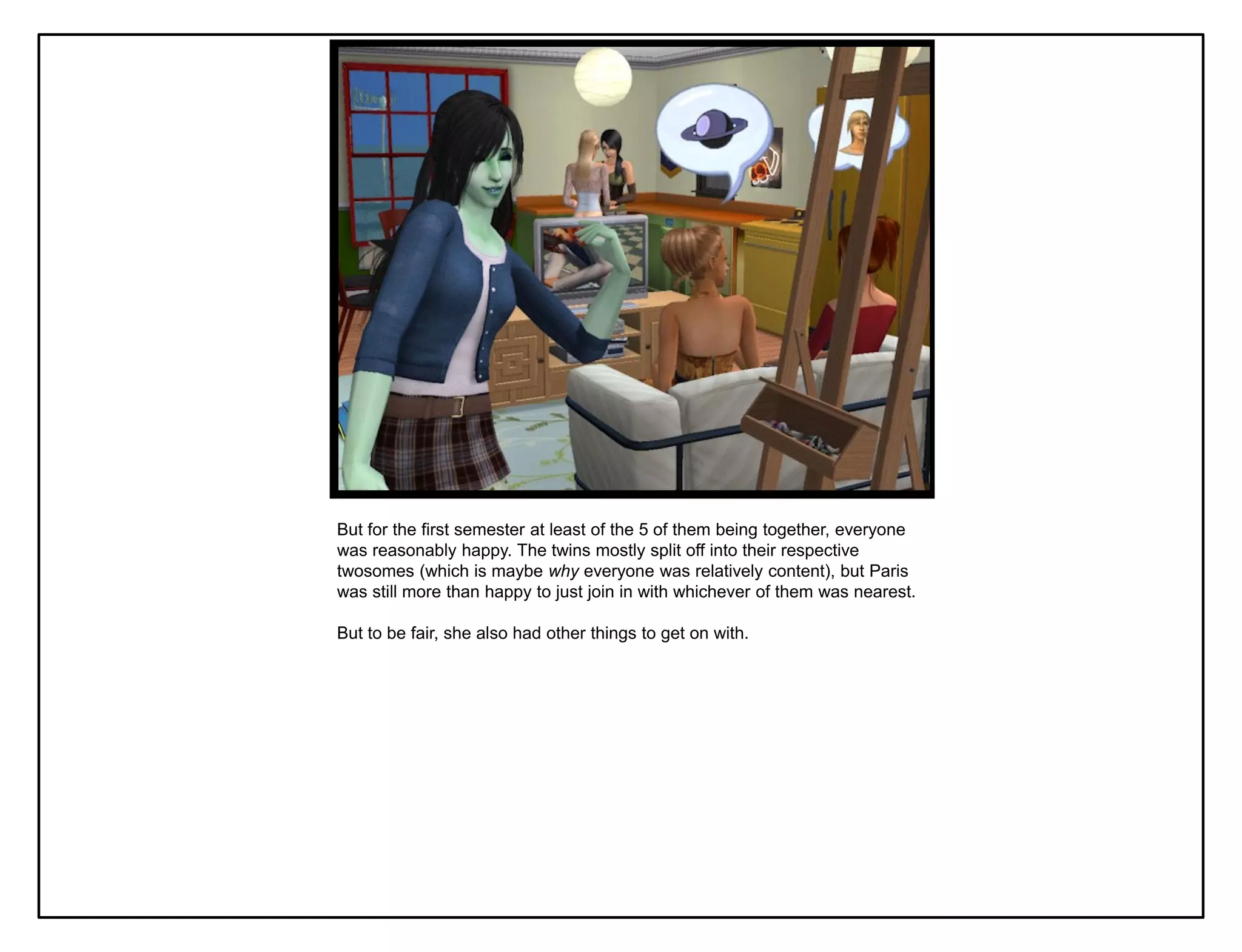 But for the first semester at least of the 5 of them being together, everyone
was reasonably happy. The twins mostly split off into their respective
twosomes (which is maybe why everyone was relatively content), but Paris
was still more than happy to just join in with whichever of them was nearest.

But to be fair, she also had other things to get on with.
 