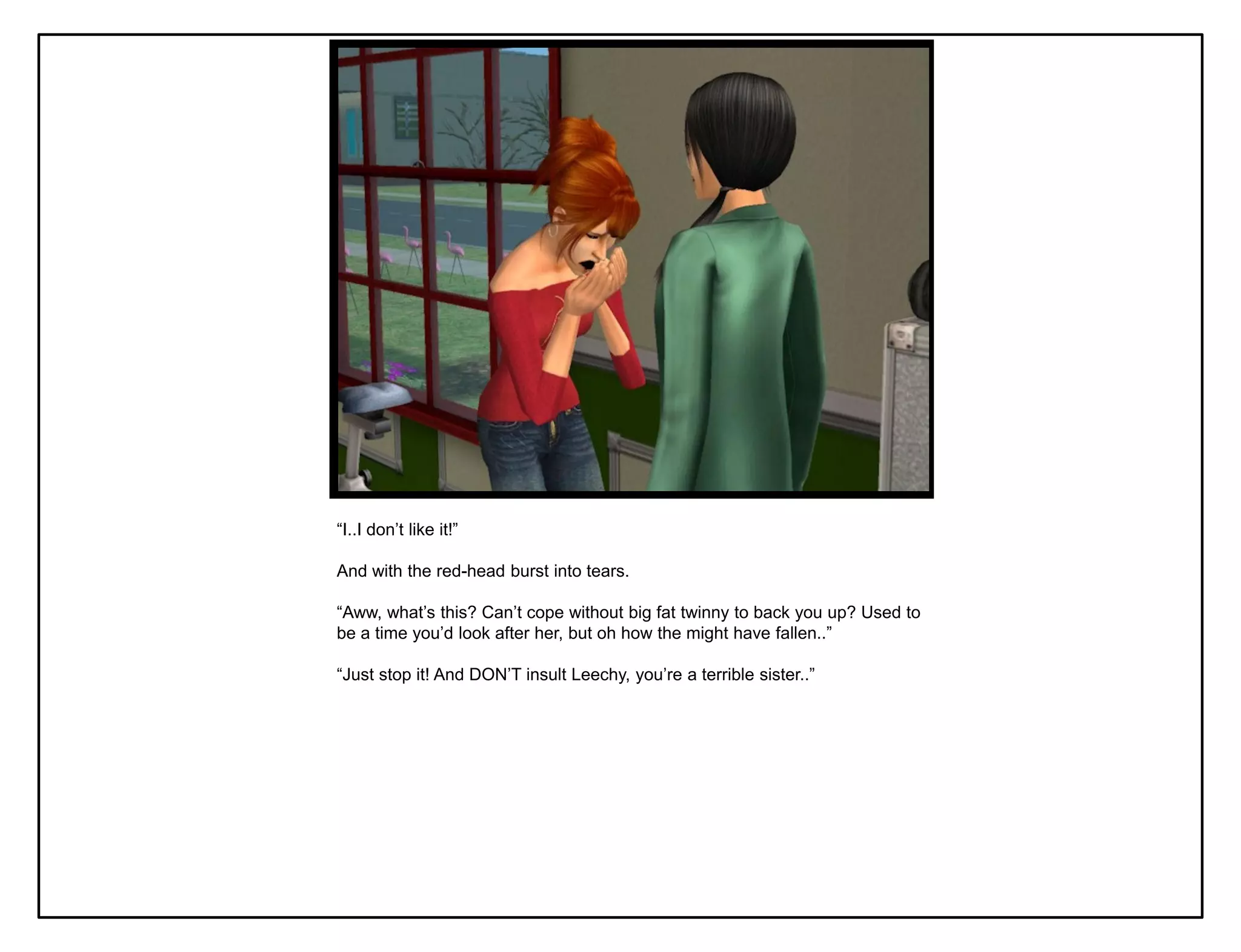 “I..I don‟t like it!”

And with the red-head burst into tears.

“Aww, what‟s this? Can‟t cope without big fat twinny to back you up? Used to
be a time you‟d look after her, but oh how the might have fallen..”

“Just stop it! And DON‟T insult Leechy, you‟re a terrible sister..”
 
