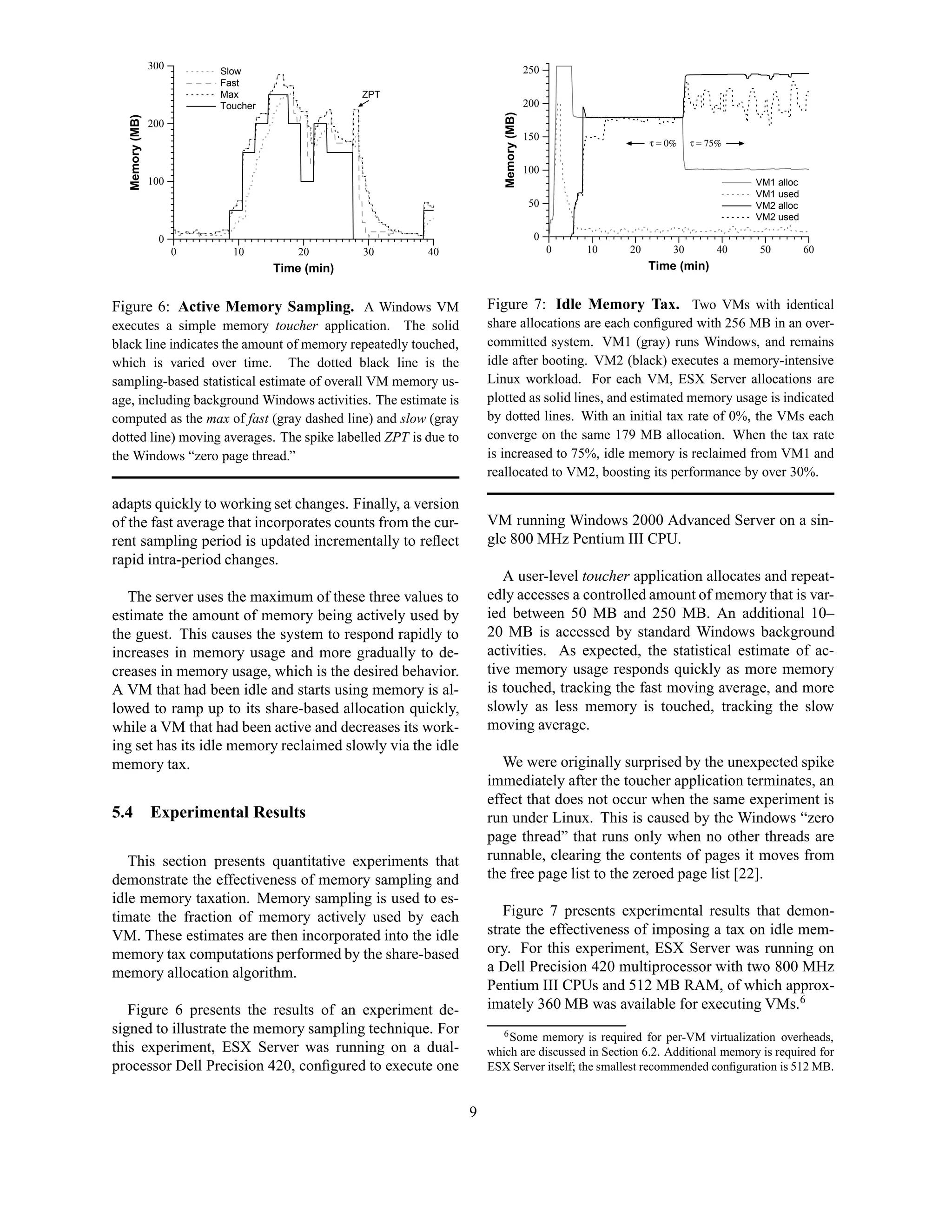 300                                                                  250
                           Slow
                           Fast
                           Max                    ZPT
                           Toucher                                                    200




                                                                        Memory (MB)
   Memory (MB)
                 200
                                                                                      150
                                                                                                          τ = 0%    τ = 75%

                                                                                      100
                 100                                                                                                          VM1 alloc
                                                                                                                              VM1 used
                                                                                      50                                      VM2 alloc
                                                                                                                              VM2 used

                  0                                                                    0
                       0     10          20       30    40                                  0   10   20        30        40   50          60
                                     Time (min)                                                           Time (min)


Figure 6: Active Memory Sampling. A Windows VM                       Figure 7: Idle Memory Tax. Two VMs with identical
executes a simple memory toucher application. The solid              share allocations are each conﬁgured with 256 MB in an over-
black line indicates the amount of memory repeatedly touched,        committed system. VM1 (gray) runs Windows, and remains
which is varied over time. The dotted black line is the              idle after booting. VM2 (black) executes a memory-intensive
sampling-based statistical estimate of overall VM memory us-         Linux workload. For each VM, ESX Server allocations are
age, including background Windows activities. The estimate is        plotted as solid lines, and estimated memory usage is indicated
computed as the max of fast (gray dashed line) and slow (gray        by dotted lines. With an initial tax rate of 0%, the VMs each
dotted line) moving averages. The spike labelled ZPT is due to       converge on the same 179 MB allocation. When the tax rate
the Windows “zero page thread.”                                      is increased to 75%, idle memory is reclaimed from VM1 and
                                                                     reallocated to VM2, boosting its performance by over 30%.

adapts quickly to working set changes. Finally, a version
of the fast average that incorporates counts from the cur-           VM running Windows 2000 Advanced Server on a sin-
rent sampling period is updated incrementally to reﬂect              gle 800 MHz Pentium III CPU.
rapid intra-period changes.
                                                                        A user-level toucher application allocates and repeat-
   The server uses the maximum of these three values to              edly accesses a controlled amount of memory that is var-
estimate the amount of memory being actively used by                 ied between 50 MB and 250 MB. An additional 10–
the guest. This causes the system to respond rapidly to              20 MB is accessed by standard Windows background
increases in memory usage and more gradually to de-                  activities. As expected, the statistical estimate of ac-
creases in memory usage, which is the desired behavior.              tive memory usage responds quickly as more memory
A VM that had been idle and starts using memory is al-               is touched, tracking the fast moving average, and more
lowed to ramp up to its share-based allocation quickly,              slowly as less memory is touched, tracking the slow
while a VM that had been active and decreases its work-              moving average.
ing set has its idle memory reclaimed slowly via the idle
memory tax.                                                             We were originally surprised by the unexpected spike
                                                                     immediately after the toucher application terminates, an
                                                                     effect that does not occur when the same experiment is
5.4              Experimental Results                                run under Linux. This is caused by the Windows “zero
                                                                     page thread” that runs only when no other threads are
   This section presents quantitative experiments that               runnable, clearing the contents of pages it moves from
demonstrate the effectiveness of memory sampling and                 the free page list to the zeroed page list [22].
idle memory taxation. Memory sampling is used to es-
timate the fraction of memory actively used by each                     Figure 7 presents experimental results that demon-
VM. These estimates are then incorporated into the idle              strate the effectiveness of imposing a tax on idle mem-
memory tax computations performed by the share-based                 ory. For this experiment, ESX Server was running on
memory allocation algorithm.                                         a Dell Precision 420 multiprocessor with two 800 MHz
                                                                     Pentium III CPUs and 512 MB RAM, of which approx-
   Figure 6 presents the results of an experiment de-                imately 360 MB was available for executing VMs.6
signed to illustrate the memory sampling technique. For                 6 Some memory is required for per-VM virtualization overheads,
this experiment, ESX Server was running on a dual-                   which are discussed in Section 6.2. Additional memory is required for
processor Dell Precision 420, conﬁgured to execute one               ESX Server itself; the smallest recommended conﬁguration is 512 MB.


                                                                 9
 
