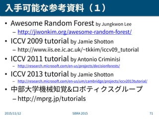 入手可能な参考資料（１）
• Awesome Random Forest by Jungkwon Lee
– http://jiwonkim.org/awesome-random-forest/
• ICCV 2009 tutorial by ...