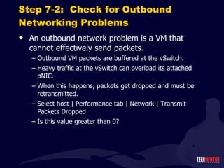Step 7-2:  Check for Outbound Networking Problems An outbound network problem is a VM that cannot effectively send packets. Outbound VM packets are buffered at the vSwitch. Heavy traffic at the vSwitch can overload its attached pNIC. When this happens, packets get dropped and must be retransmitted. Select host | Performance tab | Network | Transmit Packets Dropped Is this value greater than 0? 