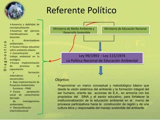 Referente Político 
Ministerio de Medio Ambiente y 
Desarrollo Sostenible 
Ministerio de Educación Nacional 
Ausencia y debilidad de 
conceptualización. 
Ausencia del ejercicio 
interdisciplinario de 
docentes 
y dinamizadores 
ambientales. 
 Escaso trabajo educativo 
sobre ambiente urbano. 
 Concentración del 
trabajo ambiental en lo 
ecológico. 
Escasa implementación 
de procesos de 
capacitación 
y formación 
sistemáticos y 
secuenciales. 
 Baja implementación de 
Proyectos Ambientales 
Escolares – PRAE 
 Escasa apropiación 
social de conocimiento 
derivado 
de investigaciones 
ambientales. 
 Descoordinación 
interinstitucional 
Ley 99/1993 - Ley 115/1974 
La Política Nacional de Educación Ambiental 
Proporcionar un marco conceptual y metodológico básico que 
desde la visión sistémica del ambiente y la formación integral del 
ser humano, oriente las acciones de E.A., en armonía con los 
propósitos del SINA y el sector educativo, para fortalecer la 
institucionalización de la educación ambiental en el marco de 
procesos participativos hacia la construcción de región y de una 
cultura ética y responsable del manejo sostenible del ambiente. 
D i a g n o s t i c o 
Objetivo 
 