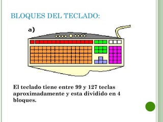 BLOQUES DEL TECLADO:




El teclado tiene entre 99 y 127 teclas
aproximadamente y esta dividido en 4
bloques.
 