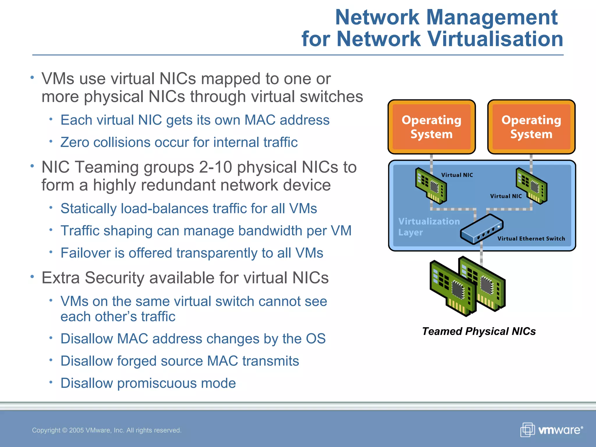 Network Management  for Network Virtualisation Copyright © 2005 VMware, Inc. All rights reserved. VMs use virtual NICs mapped to one or more physical NICs through virtual switches Each virtual NIC gets its own MAC address Zero collisions occur for internal traffic NIC Teaming groups 2-10 physical NICs to form a highly redundant network device Statically load-balances traffic for all VMs Traffic shaping can manage bandwidth per VM Failover is offered transparently to all VMs Extra Security available for virtual NICs VMs on the same virtual switch cannot see  each other’s traffic Disallow MAC address changes by the OS Disallow forged source MAC transmits Disallow promiscuous mode Teamed Physical NICs 
