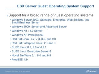 ESX Server Guest Operating System Support Support for a broad range of guest operating systems Windows Server 2003: Standard, Enterprise, Web Editions, and Small Business Server Windows 2000: Server and Advanced Server Windows NT : 4.0 Server Windows XP Professional  Red Hat Linux  7.2, 7.3, 8.0, and 9.0 Red Hat Enterprise Linux  2.1 and 3 SUSE Linux 8.2, 9.0 and 9.1 SUSE Linux Enterprise Server 8 Novell NetWare 5.1, 6.0 and 6.5 FreeBSD 4.9 Copyright © 2005 VMware, Inc. All rights reserved. 
