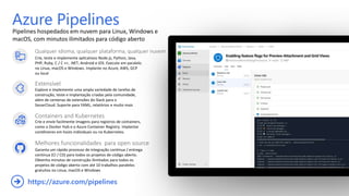 Pipelines hospedados em nuvem para Linux, Windows e
macOS, com minutos ilimitados para código aberto
Azure Pipelines
Qualquer idioma, qualquer plataforma, qualquer nuvem
Crie, teste e implemente aplicativos Node.js, Python, Java,
PHP, Ruby, C / C ++, .NET, Android e iOS. Execute em paralelo
no Linux, macOS e Windows. Implante no Azure, AWS, GCP
ou local
Extensível
Explore e implemente uma ampla variedade de tarefas de
construção, teste e implantação criadas pela comunidade,
além de centenas de extensões do Slack para o
SonarCloud. Suporte para YAML, relatórios e muito mais
Melhores funcionalidades para open source
Garanta um rápido processo de integração contínua / entrega
contínua (CI / CD) para todos os projetos de código aberto.
Obtenha minutos de construção ilimitados para todos os
projetos de código aberto com até 10 trabalhos paralelos
gratuitos no Linux, macOS e Windows
https://azure.com/pipelines
Containers and Kubernetes
Crie e envie facilmente imagens para registros de containers,
como o Docker Hub e o Azure Container Registry. Implantar
contêineres em hosts individuais ou no Kubernetes.
 